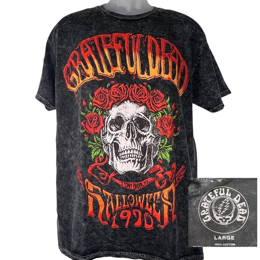 Grateful Dead Skull Halloween 1970 Stony Brook NY Black Acid Wash Official New L